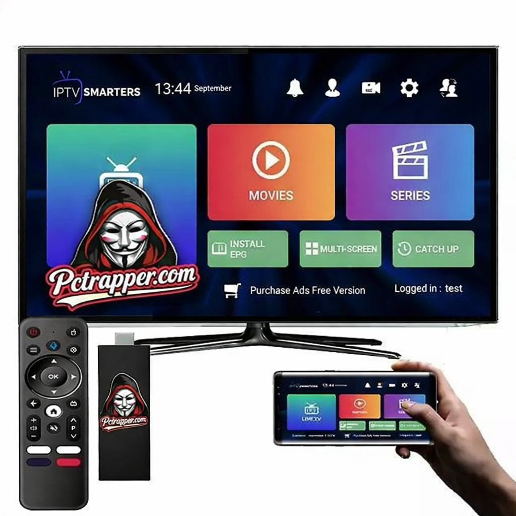 pctrapper.com IPTV kit with TV, remote, streaming device, and phone preview