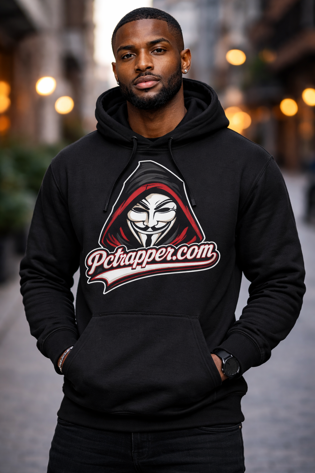Model wearing black pctrapper.com logo hoodie