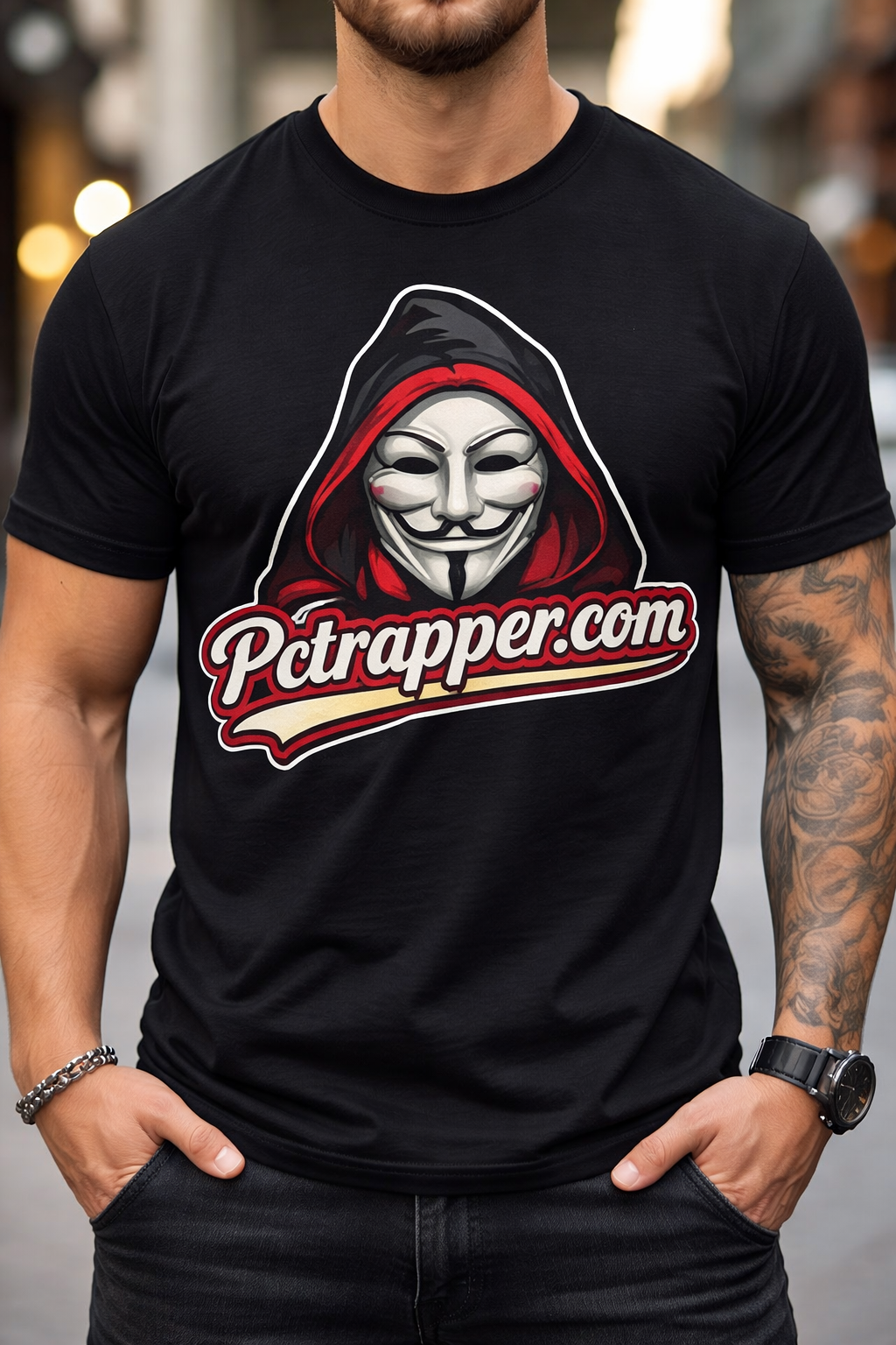 Model wearing black pctrapper.com logo tee