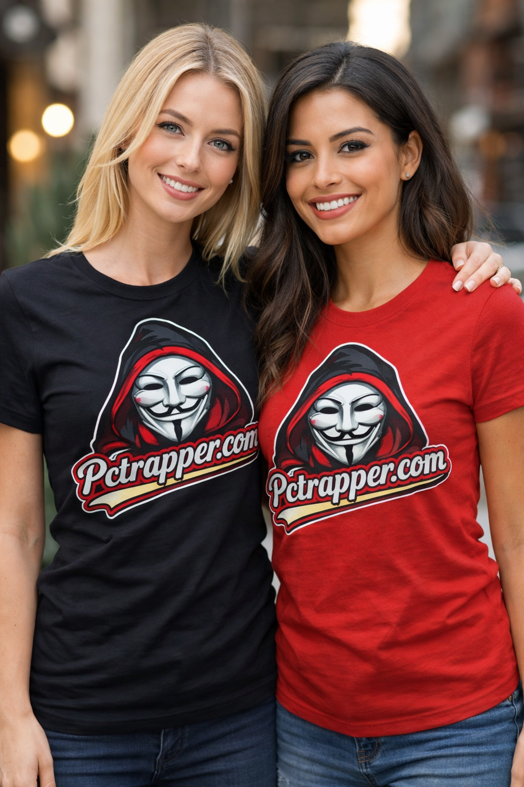 pctrapper.com logo shirts in black and red
